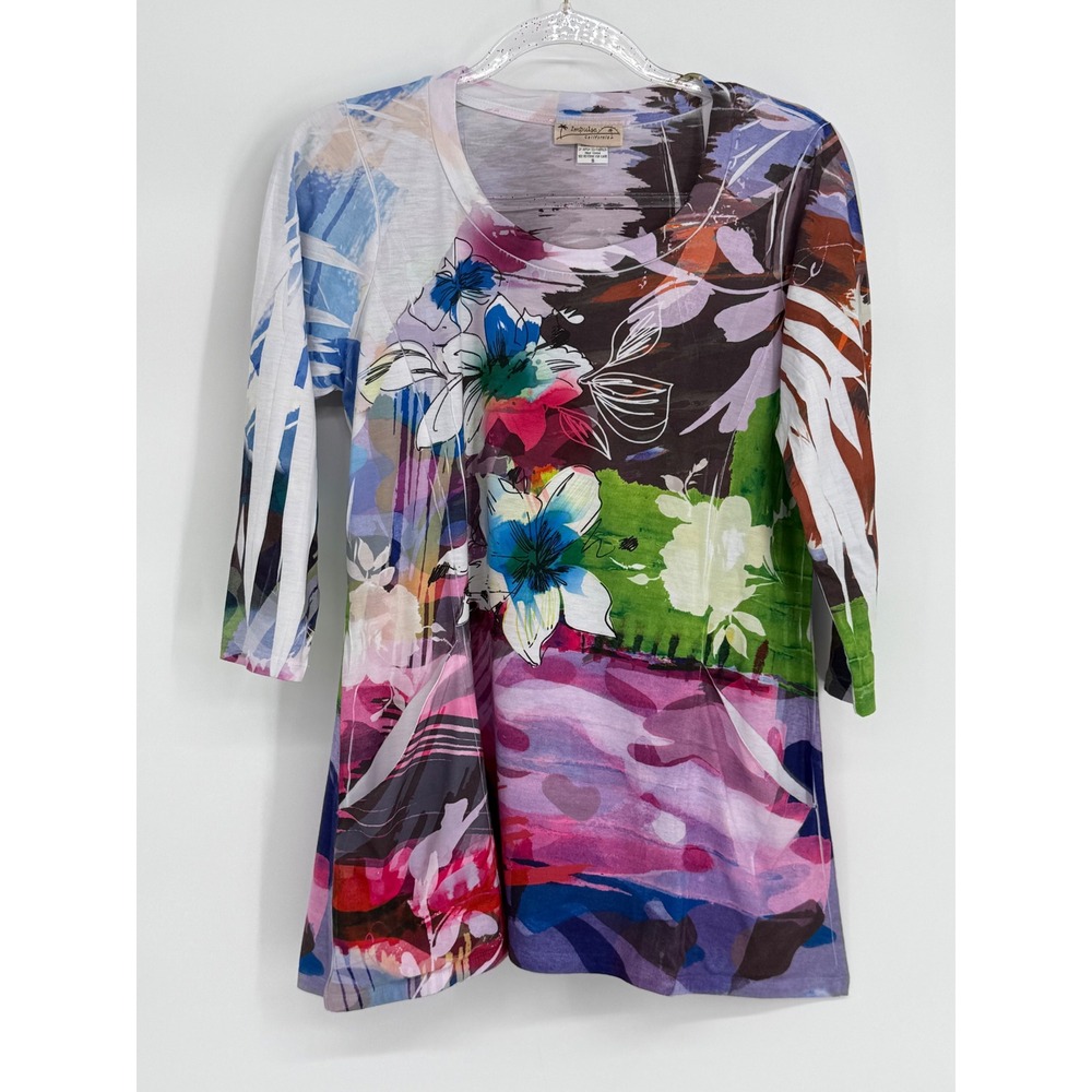 Impulse California Womens Sz S Multicolor Floral Abstract 3/4 Sleeve Tunic Top